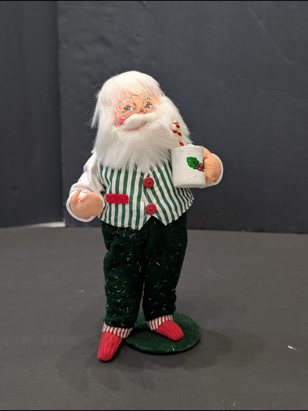 Annalee Festive Santa Doll with Green Striped Vest and Hot Cocoa